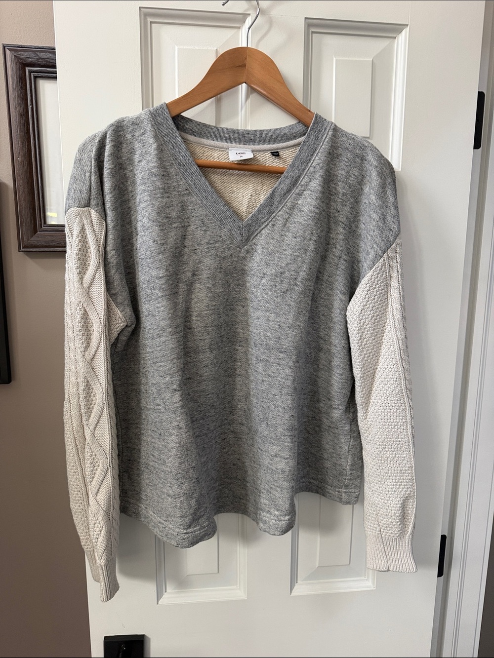 CAbi Gray Body sweatshirt with Cream Cable-Sleeve V-Neck sleeves